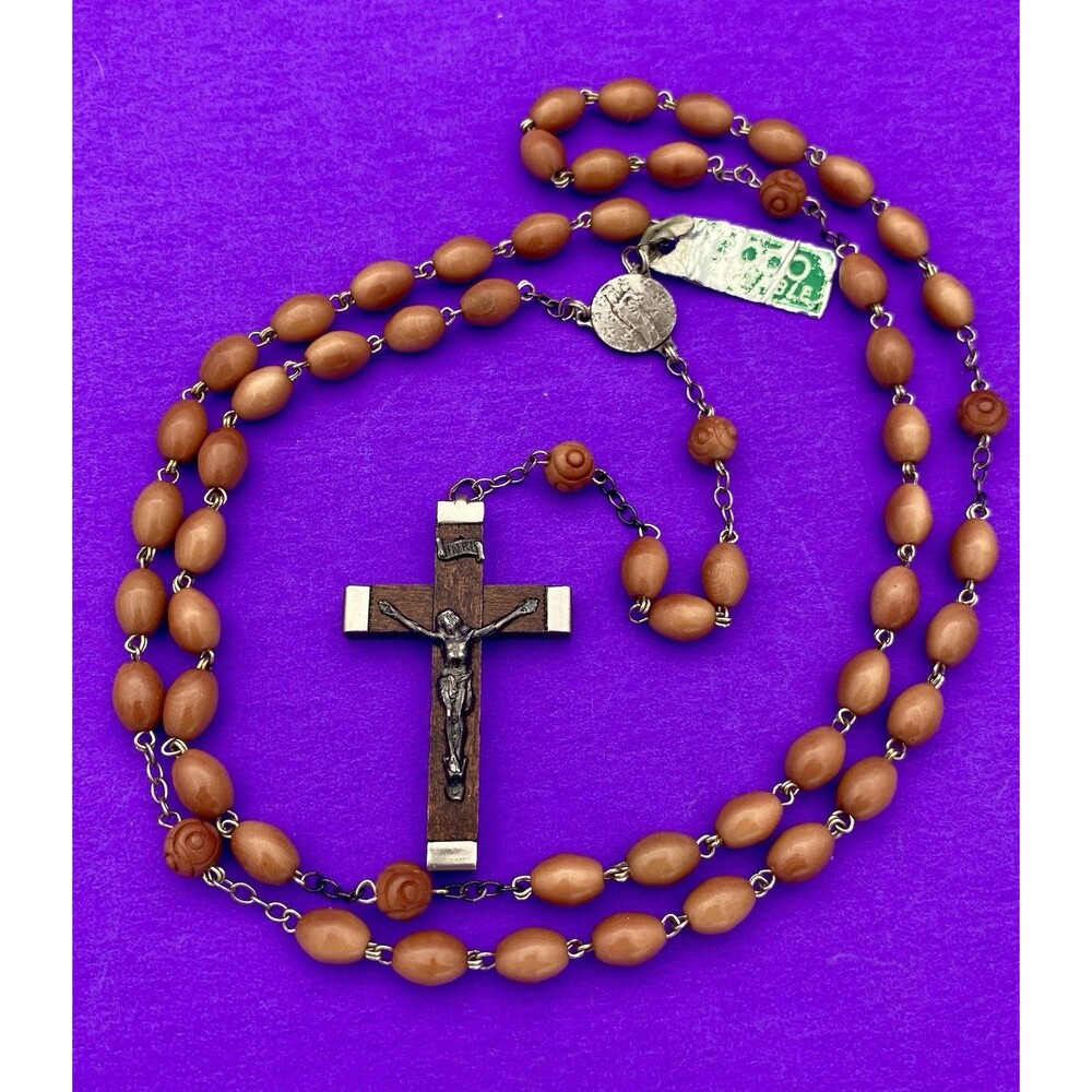 Vintage Wood Coco Veritable Rosary, FRANCE, Virgin Mary & Child Christianity 20"